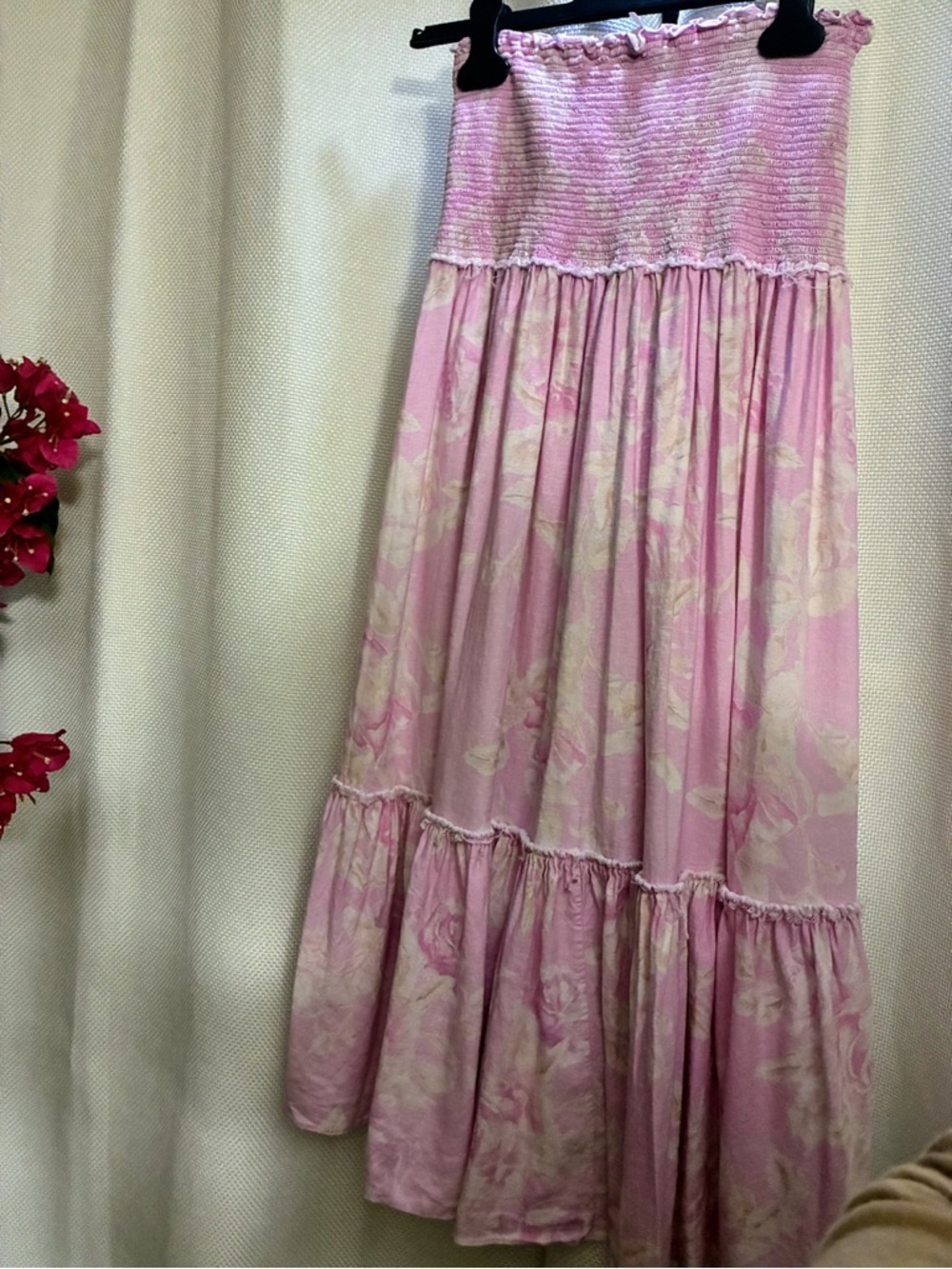 LoveShackFancy Pink Floral Smocked Tiered Maxi Skirt Size 6 Linen Blend